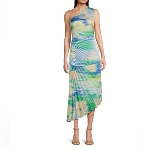 New Badgley Mischka Kelsey One Shoulder Asymmetric Pleated Dress size 2